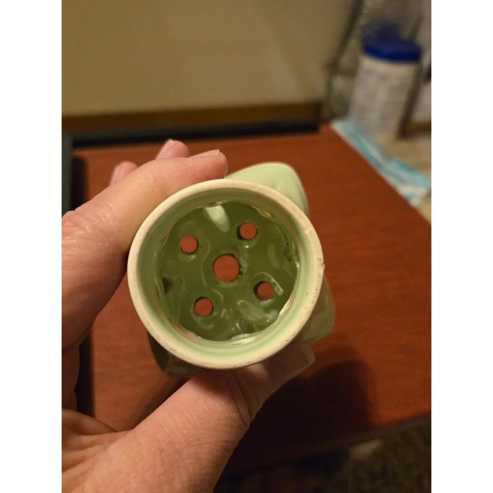 Vintage Celadon Green Ceramic Flower Frog Gold Trim Scalloped Floral Arranger